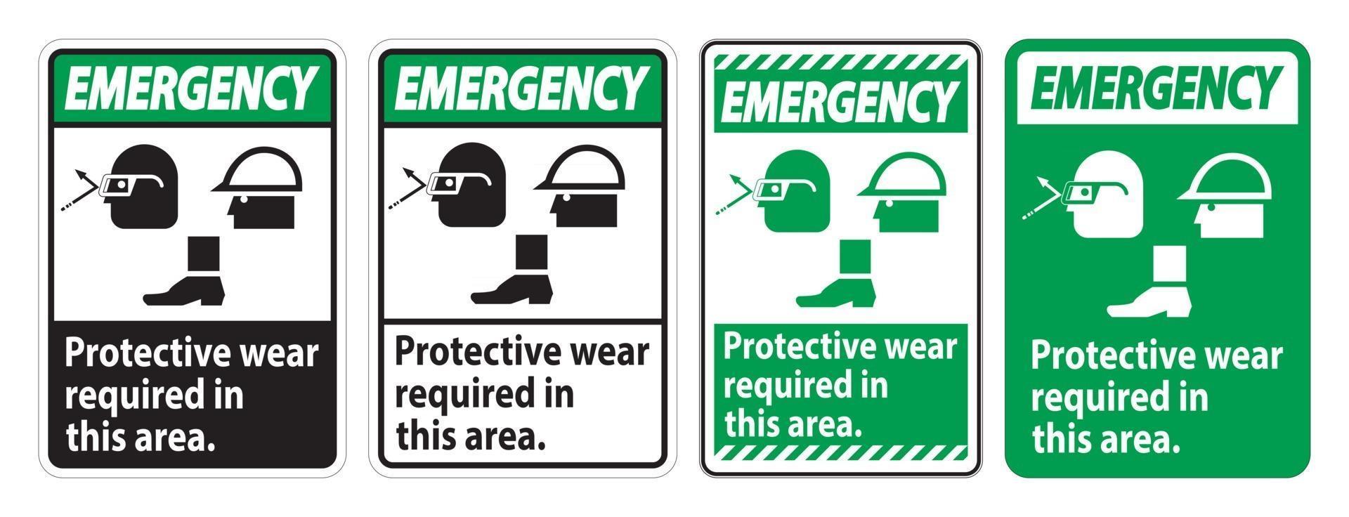 nödskylt skyddskläder krävs i detta område. med skyddsglasögon, hjälm och stövlar symboler på vit bakgrund vektor