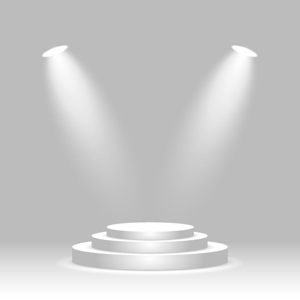 Rundes Podium, beleuchtet von zwei Scheinwerfern. leere Siegerbühne, Preisverleihungspodest, Produktausstellungsplattform vektor