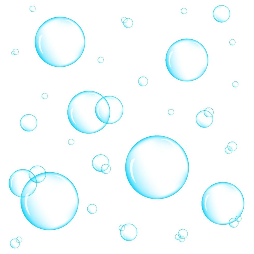 realistiska blå undervattensbubblor på vit bakgrund. akvarium vattenström, tvål eller rengöringsskum vektor