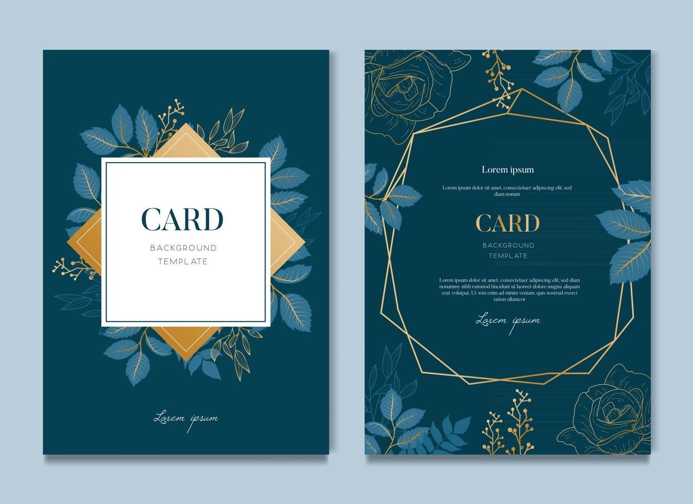 marinblått kort med gyllene lövkort och mall för bröllopsinbjudan vektor