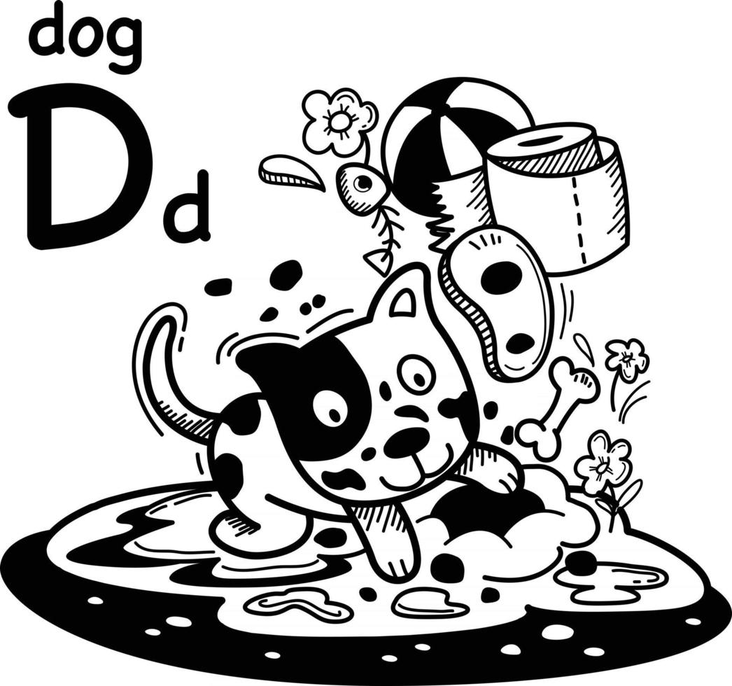 handritad. alfabetet bokstaven d-hund illustration, vektor
