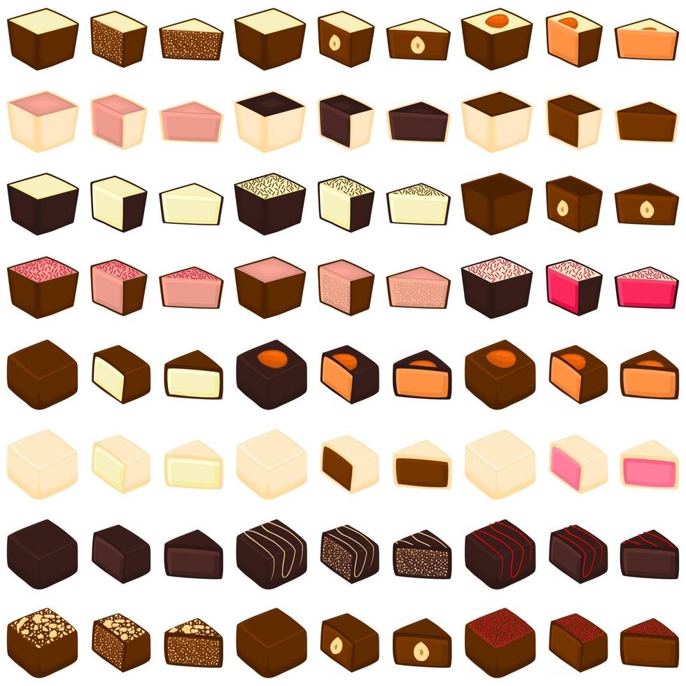 illustration på tema vacker stor uppsättning söt choklad godis bonbon vektor