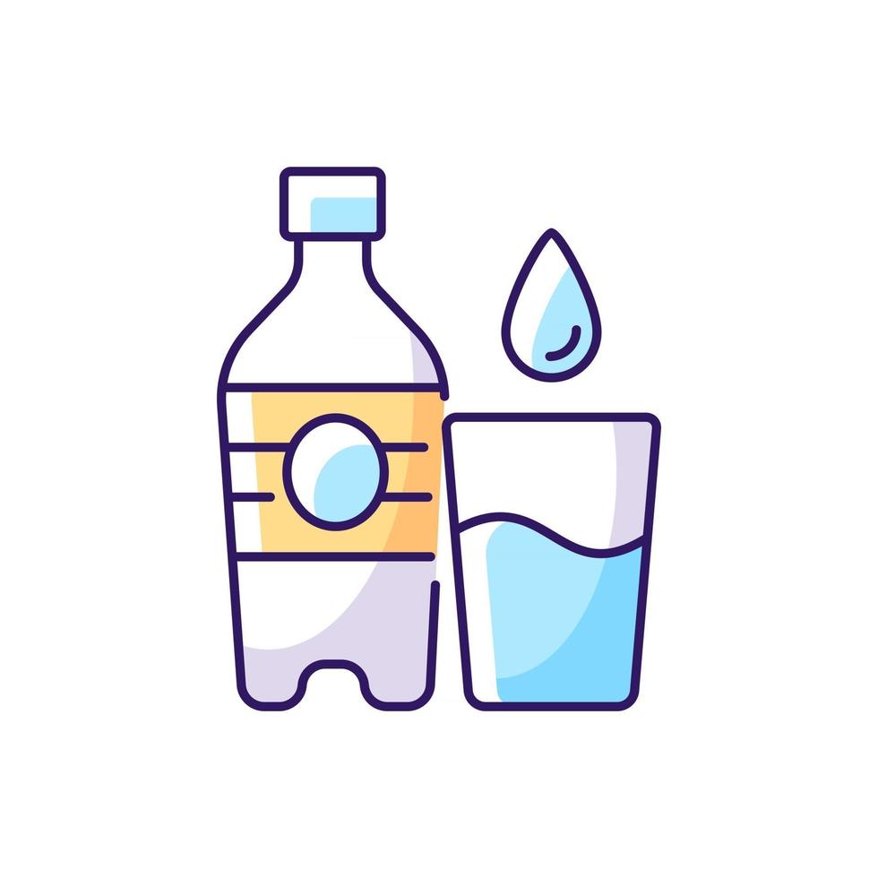 Wasser-RGB-Farbsymbol. Flüssigkeitszufuhr für die Fitness. Mineralwasser. Flüssigkeit, um Durst zu vermeiden. Wasserflasche, um Austrocknung zu verhindern. isolierte Vektor-Illustration. alltägliche Routine einfache gefüllte Strichzeichnung vektor