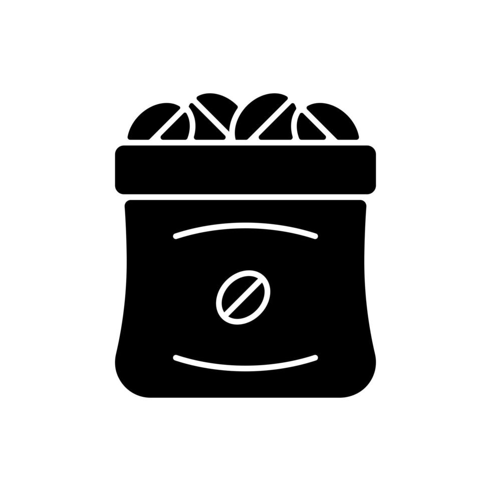 Kaffeesäcke schwarzes Glyphensymbol. geröstete Bohnen im Beutel für die kommerzielle Produktion. Produkt für die Espressozubereitung. Barista-Zubehör. Silhouette-Symbol auf Leerzeichen. isolierte Vektorgrafik vektor