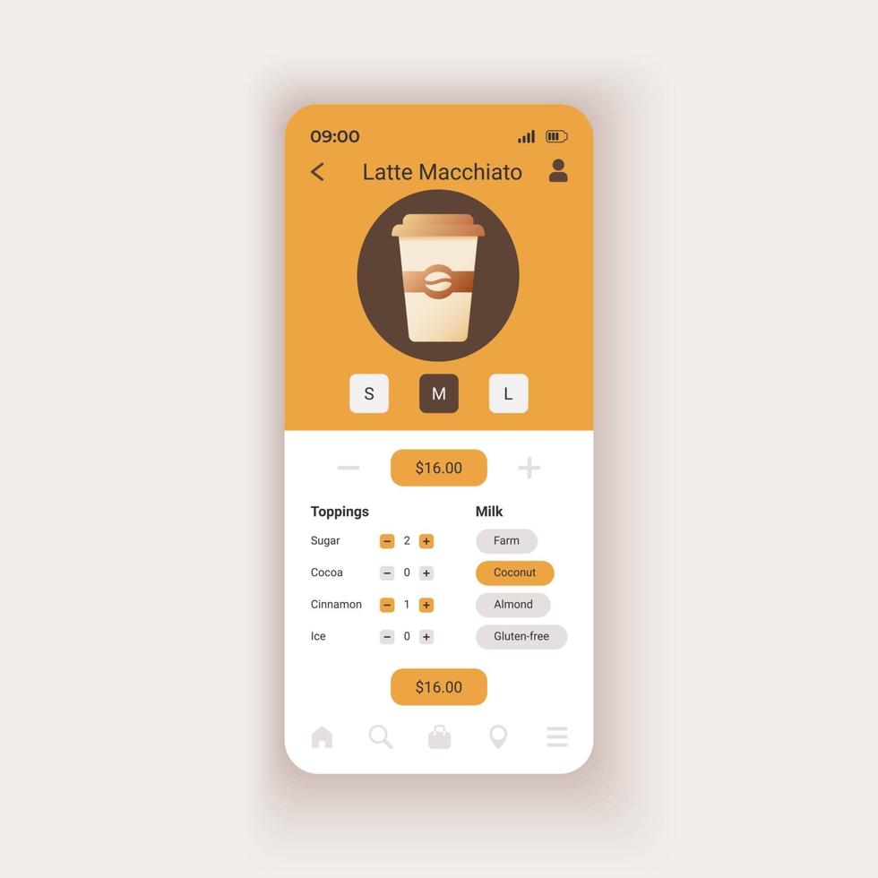 kaffedrycker som serverar vektormall för smartphone-gränssnitt. välj mellanstor dryck. layout för mobilappsdesign. kontaktlös beställning på kaféskärmen. platt användargränssnitt för applikation. telefonskärm vektor