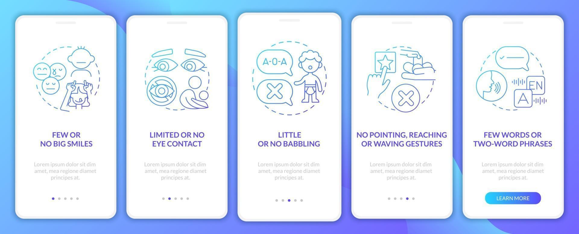 Asperger-Zeichen beim Onboarding des Bildschirms der mobilen App für Kinder. Walkthrough mit eingeschränktem Augenkontakt 5 Schritte grafische Anweisungen mit Konzepten. ui, ux, gui-Vektorvorlage mit linearen Farbillustrationen vektor