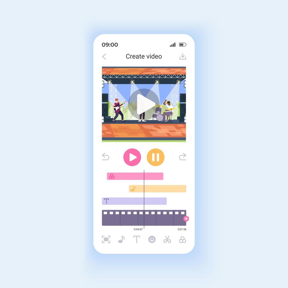 Bearbeiten von Videodateien für die Vektorvorlage für die Social Media-Smartphone-Schnittstelle. Layout der mobilen App-Seite. Hinzufügen von Effekten, Musik und Text zum Clip-Bildschirm. flache ui für die anwendung. Telefondisplay vektor
