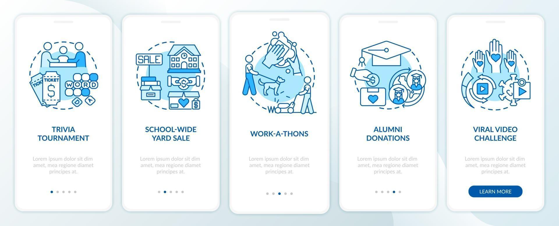 Ideen für Geldspenden beim Onboarding des Bildschirms der mobilen App. Schulweiter Hofverkauf Walkthrough 5 Schritte grafische Anweisungen mit Konzepten. ui, ux, gui-Vektorvorlage mit linearen Farbillustrationen vektor