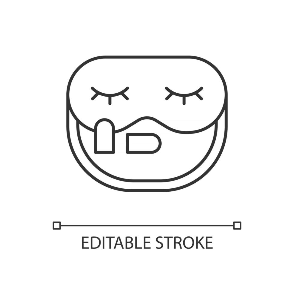 Lineares Symbol für Schlafmaske und Ohrstöpsel. tragbare Annehmlichkeiten für die Schlafenszeit im Flugzeug. dünne Linie anpassbare Illustration. Kontursymbol. Vektor isolierte Umrisszeichnung. bearbeitbarer Strich