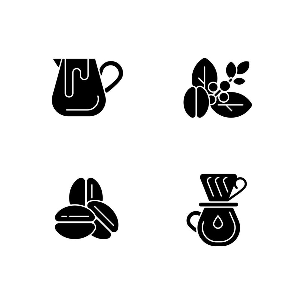 kaffe förberedelse svart glyph ikoner som på vitt utrymme. mjölkkanna för barista. råa bönor. rostad arabica. dropp med filter. espressotillverkning. silhuett symboler. vektor isolerad illustration