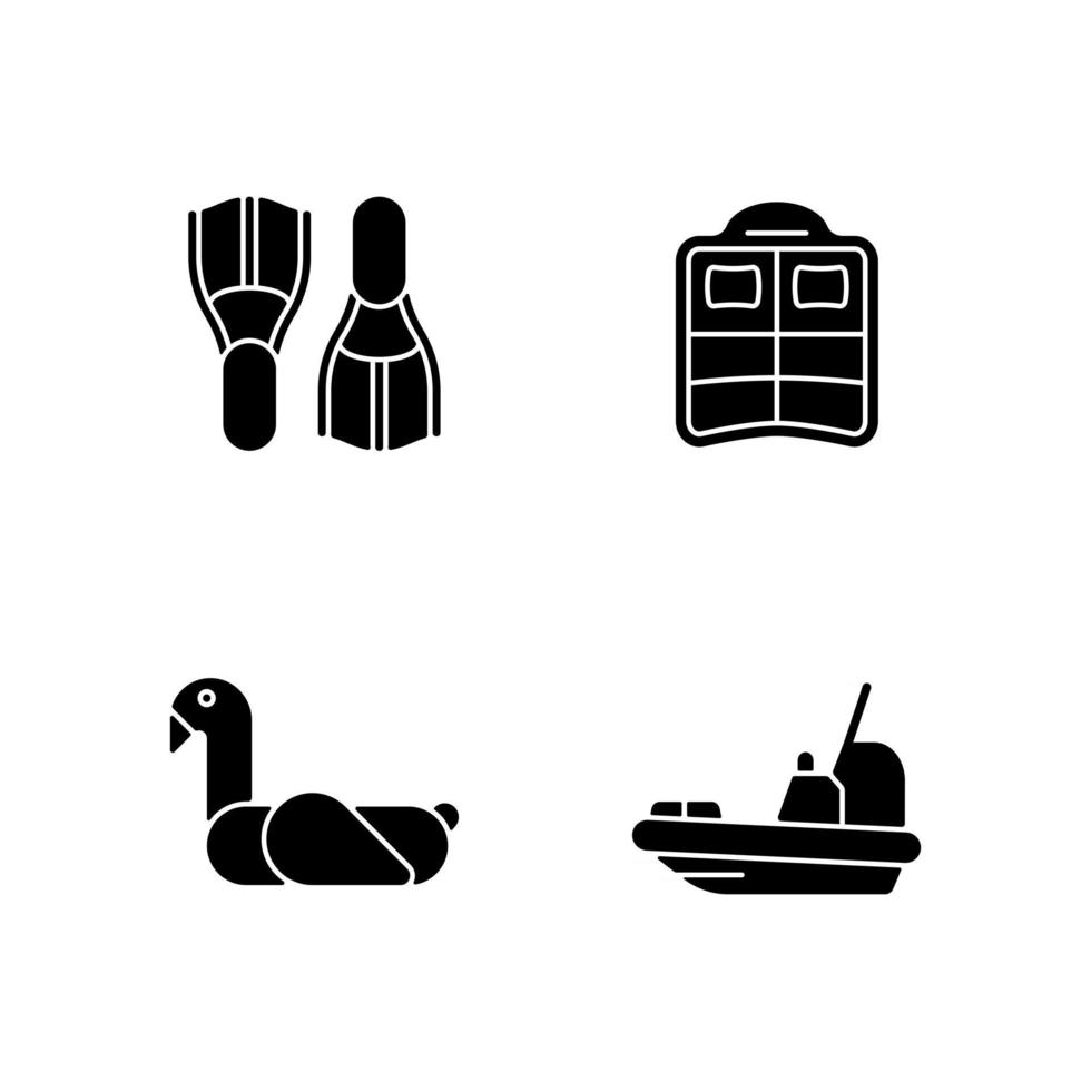 Sommerferien schwarze Glyphensymbole auf weißem Raum. Schwimmflossen. Doppelschwimmbad. Kinder Schwimmring. Rettungsboot. Taucherflossen. Doppelluftmatratze. Silhouette-Symbole. isolierte Vektorgrafik vektor