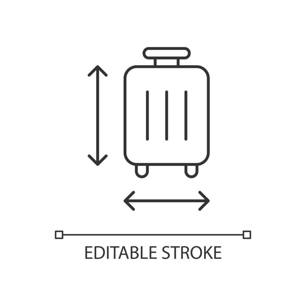 Lineares Symbol für Gepäckgröße. Vermessen von Gepäck für die Flughafenregulierung. Koffercheck für Flug. dünne Linie anpassbare Illustration. Kontursymbol. Vektor isolierte Umrisszeichnung. bearbeitbarer Strich