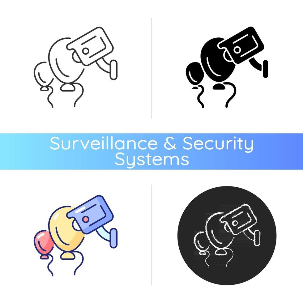 Ereignissicherheit mit drahtlosem Kamerasymbol. Überwachungstechnik für große Konzerte und öffentliche Veranstaltungen. Verbrechen und Gewalt zu verhindern. lineare Schwarz- und RGB-Farbstile. isolierte vektorillustrationen vektor