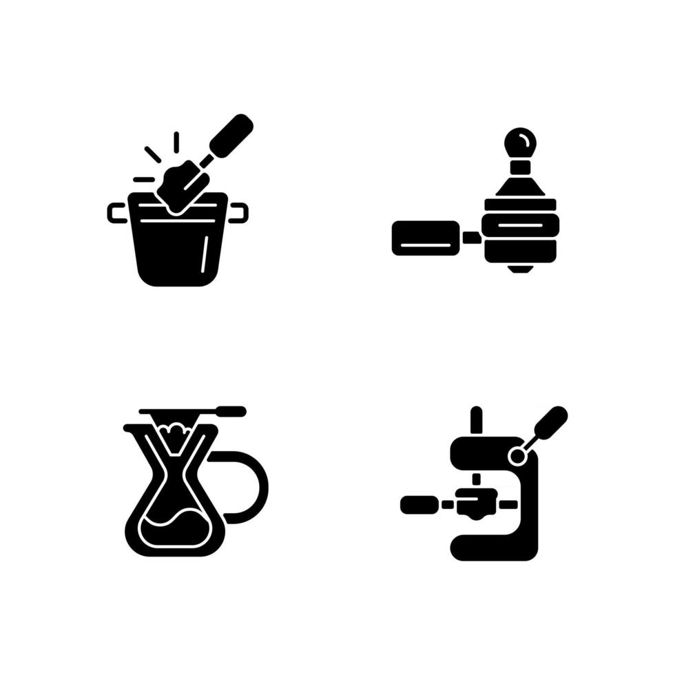Coffee-Shop-Tools schwarze Glyphensymbole auf weißem Raum. Klopfbox für Bodenabfälle. Kaffee in den Siebträger stopfen. Espresso zubereiten. Silhouette-Symbole. isolierte Vektorgrafik vektor