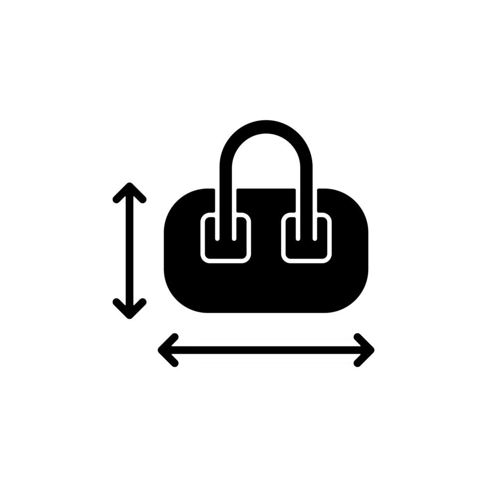 Handgepäckgröße schwarzes Glyphensymbol. Messen des Gepäcks für Flugpassagier. tragbare Annehmlichkeiten. Dinge für Touristen. Gegenstände in Reisegröße. Silhouette-Symbol auf Leerzeichen. isolierte Vektorgrafik vektor