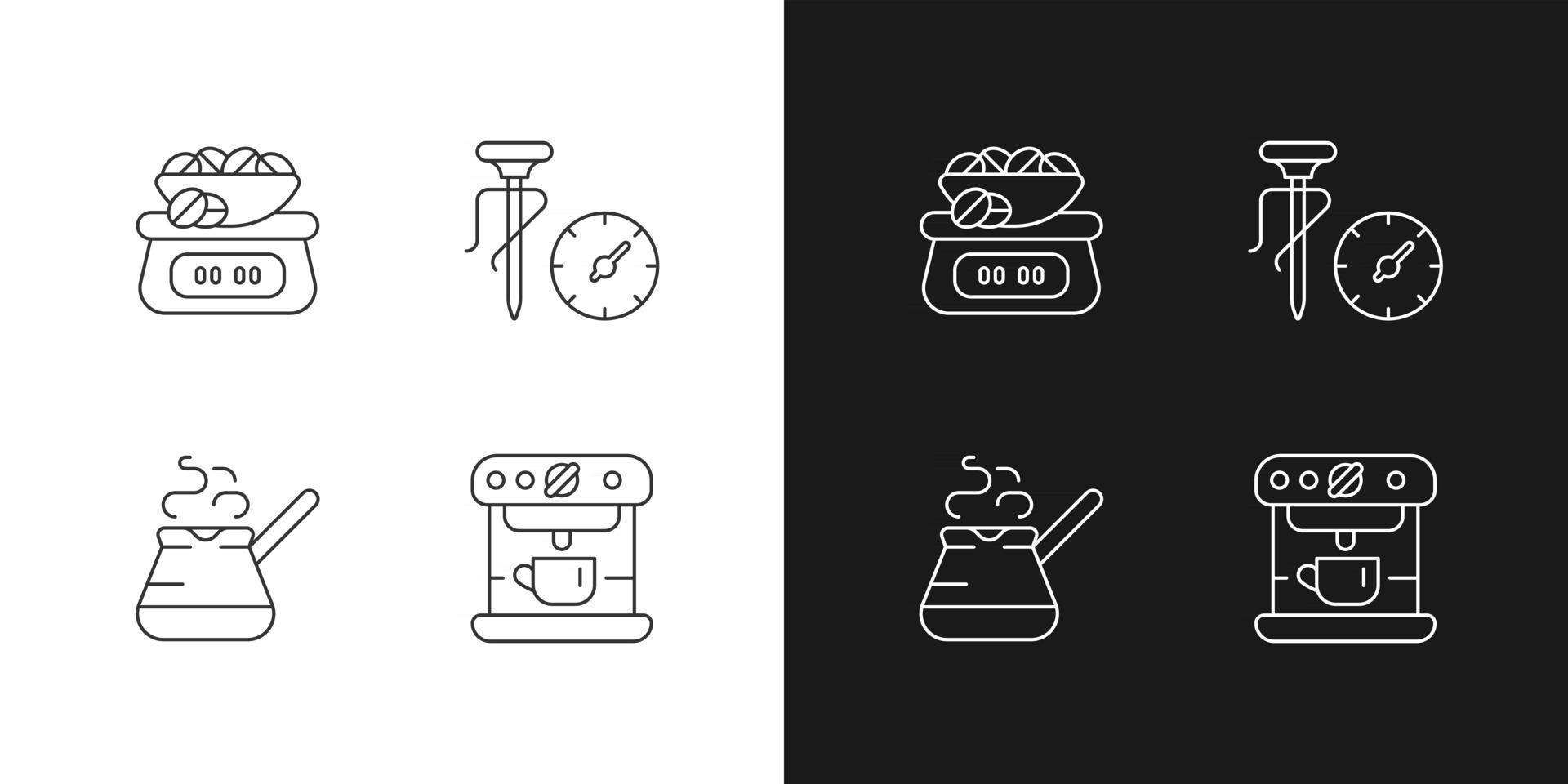 apparat för kaffebearbetning linjära ikoner för mörkt och ljust läge. vägningsvåg för bönor. anpassningsbara tunna linjesymboler. isolerade vektor konturer illustrationer. redigerbar stroke