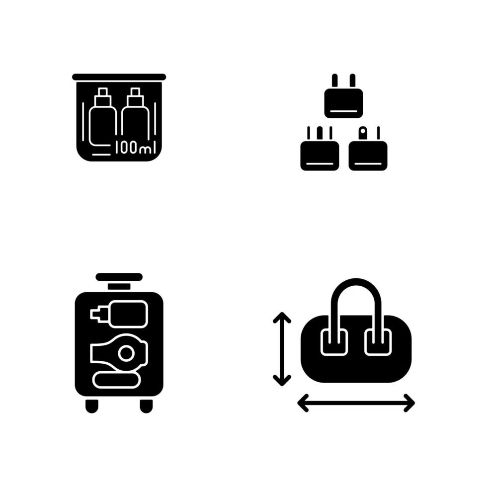 tragbare Reiseutensilien schwarze Glyphensymbole auf weißem Raum. kompakte Tasche. Reisestecker. Koffer öffnen. Mini-Objekte für touristischen Komfort. Silhouette-Symbole. isolierte Vektorgrafik vektor