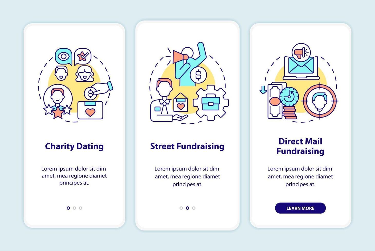 Fundraising-Arten beim Onboarding der mobilen App-Seitenseite. Charity-Dating-Komplettlösung in 3 Schritten, grafische Anweisungen mit Konzepten. ui, ux, gui-Vektorvorlage mit linearen Farbillustrationen vektor