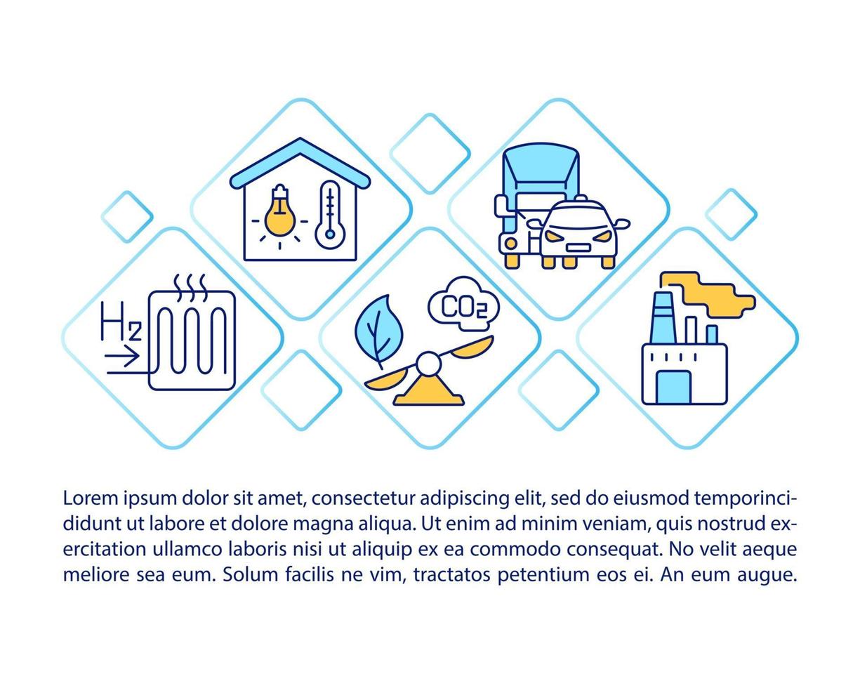 väte energi strategi koncept linje ikoner med text. ppt-sidvektormall med kopieringsutrymme. broschyr, tidskrift, nyhetsbrev designelement. naturligt bränsle linjära illustrationer på vitt vektor