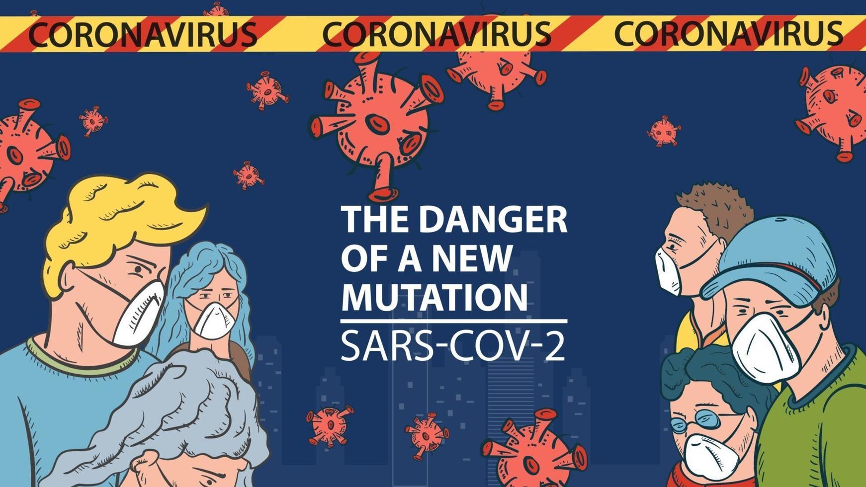 Bannerillustration für das Design des neuen Virus Corona sars-cov-2 maskierte Menschen auf dem Hintergrund der Stadt und fliegende Virusmoleküle in der Mitte des Inschriftnamens vektor