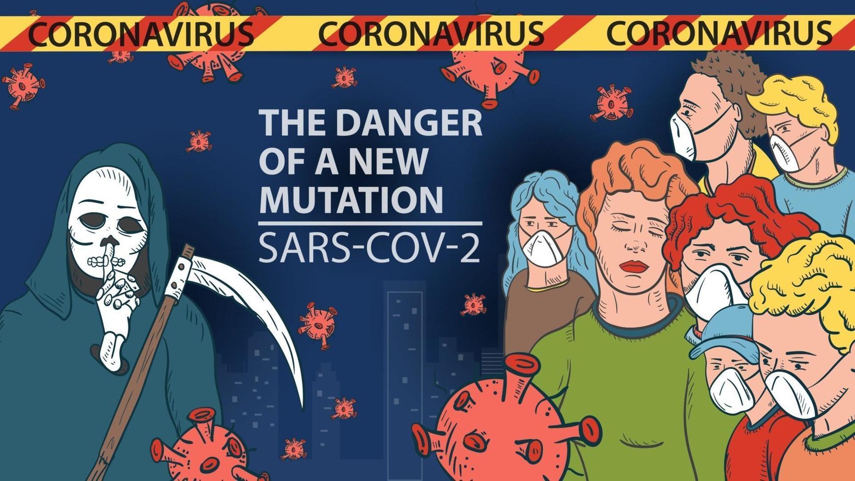 bannerillustration för design av det nya viruset corona sars-cov-2 maskerade människor på bakgrunden av dödsstaden med en lie och flygande virusmolekyler i mitten inskriptionsnamnet varning vektor