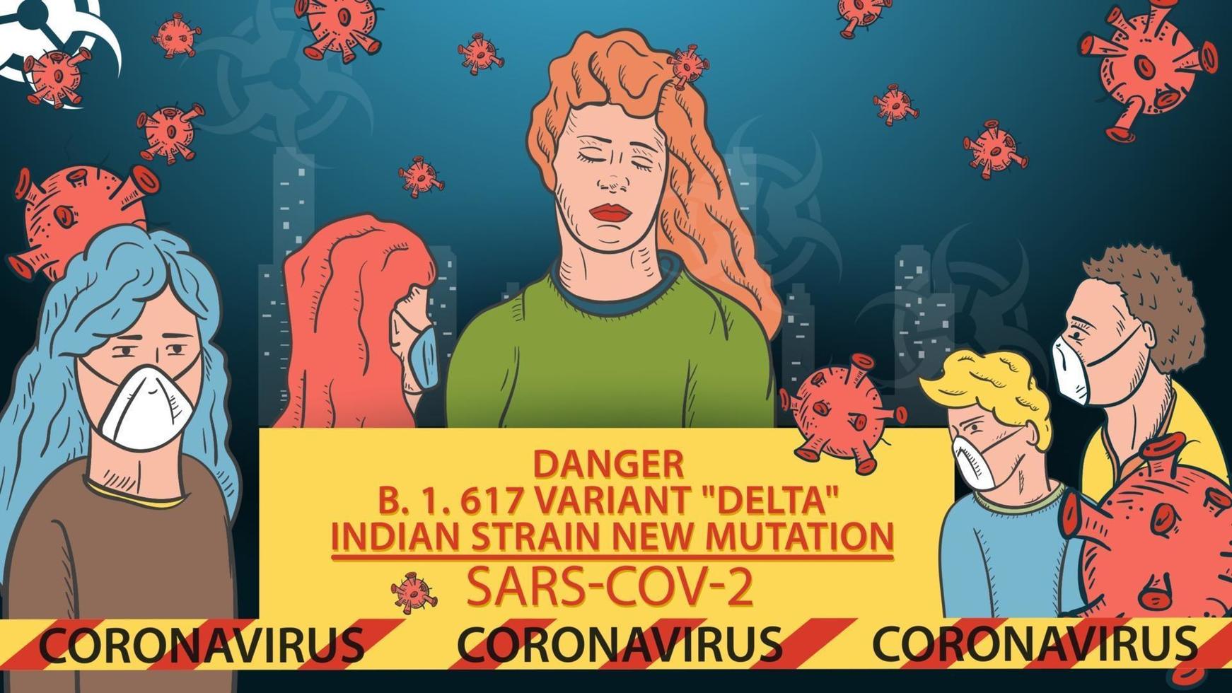 Bannerillustration für Designdesign ein neuer Stamm des Koronavirus sars-cov-2 maskierte Menschen auf dem Hintergrund der Stadt ein Schild mit dem Namen und einem Signalband vektor