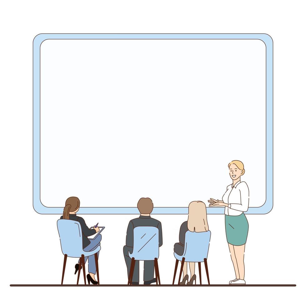 Business-Präsentation, Frau zeigt Informationen auf Whiteboard - Vektor