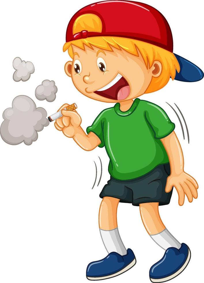 en pojke som försöker röka cigarettecknad karaktär på vit bakgrund vektor