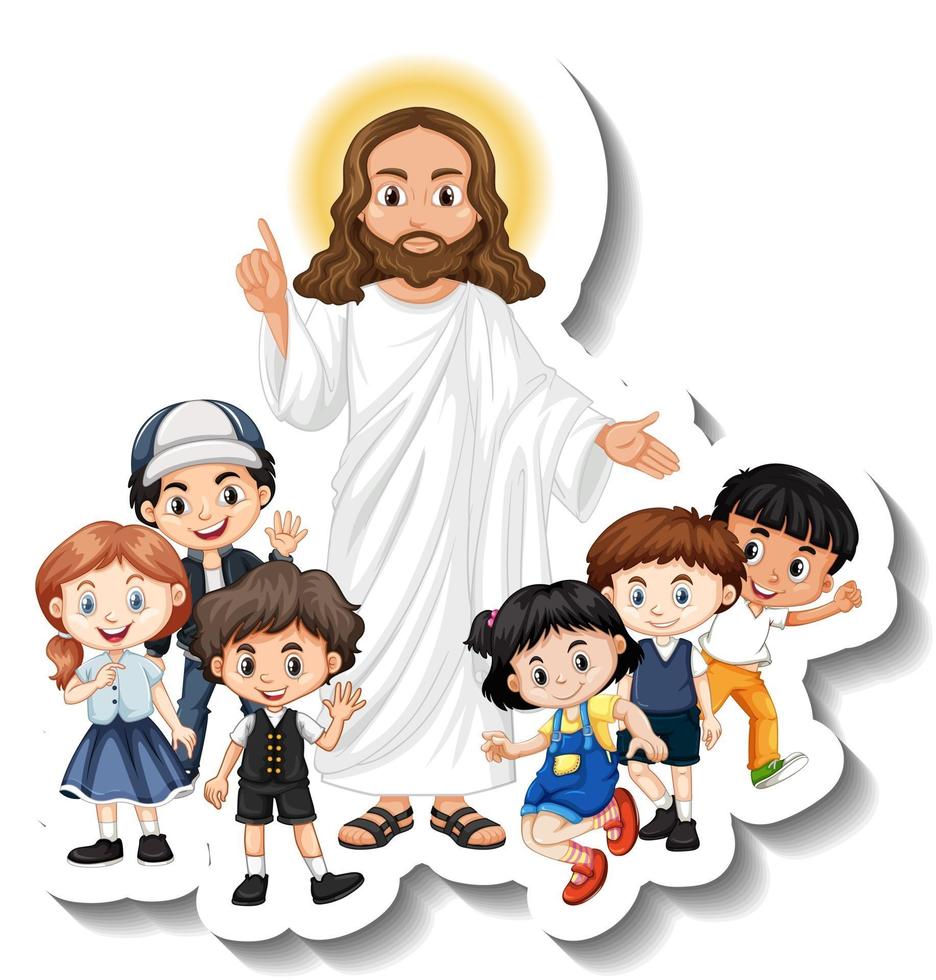 Jesus Christus mit Kindergruppenaufkleber auf weißem Hintergrund vektor