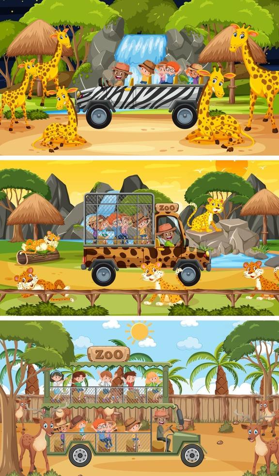 uppsättning olika safari horisontella scener med djur och barn seriefigur vektor
