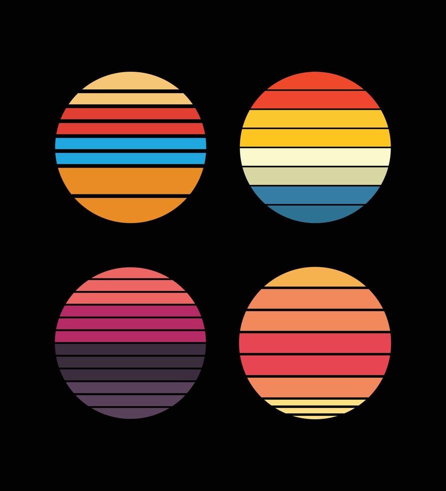 samling av retro solnedgångar i stil med 80-90-talet. abstrakt bakgrund med en solig lutning. ljusa färger. formgivningsmall för logotyp, ikoner, banderoller, utskrifter. vektor