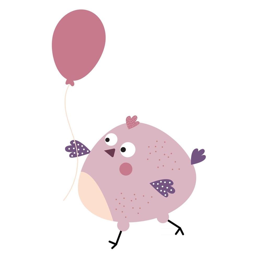 rolig söt fågel med en ballong. dekorativ fet kyckling. vektor illustration