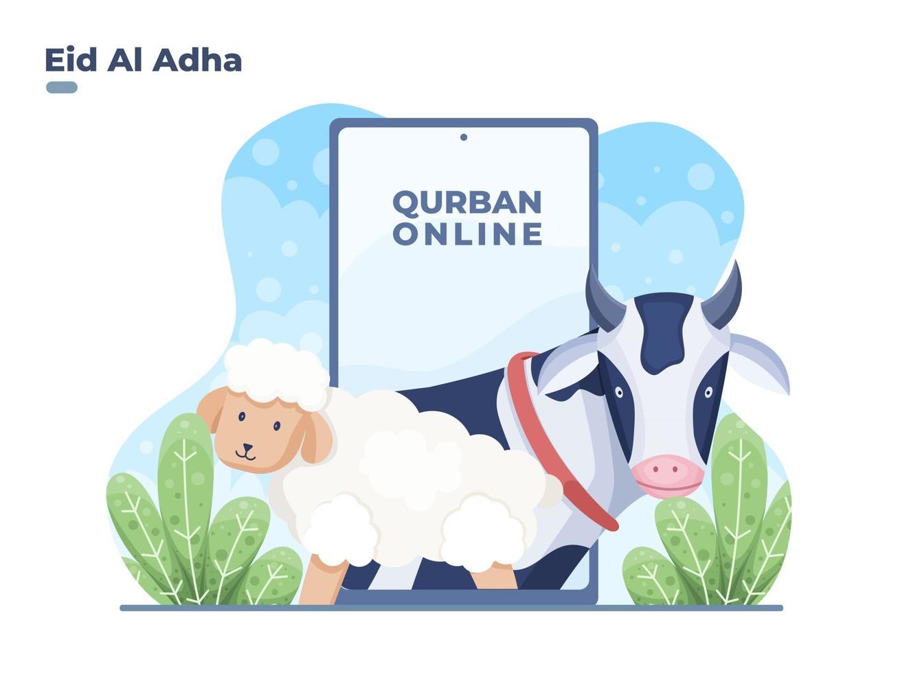 Illustration kaufen Opfertier oder Qurban-Tier mit online, um Eid al Adha zu feiern. eid al adha spenden opfertier mit online-Smartphone. kann für Website, Banner, Poster, Flyer verwendet werden. vektor