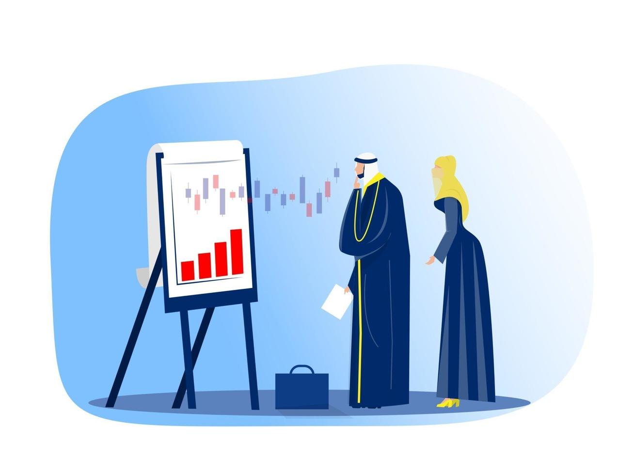 muslimischer Geschäftsmann, der Finanzdiagramm auf Flipchart-Börsenkonzept schaut modernes Büroinnenporträt horizontale Vektorillustration vektor