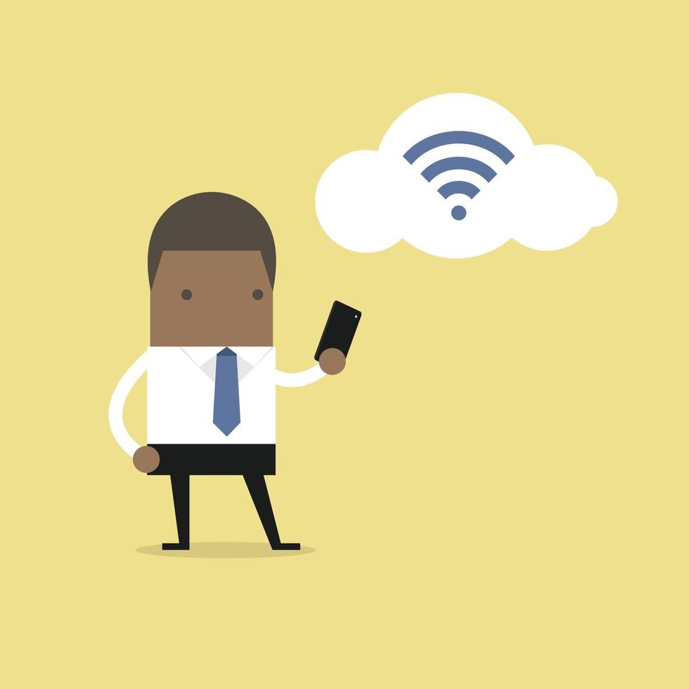 afrikansk affärsman med smartphone och wifi på molnet. vektor