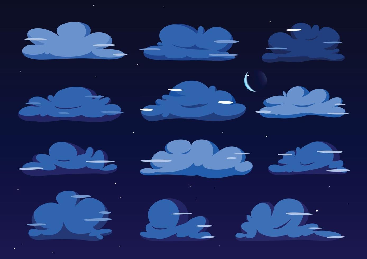 natt platt moln illustration samling. söt tecknad molnuppsättning. vektor