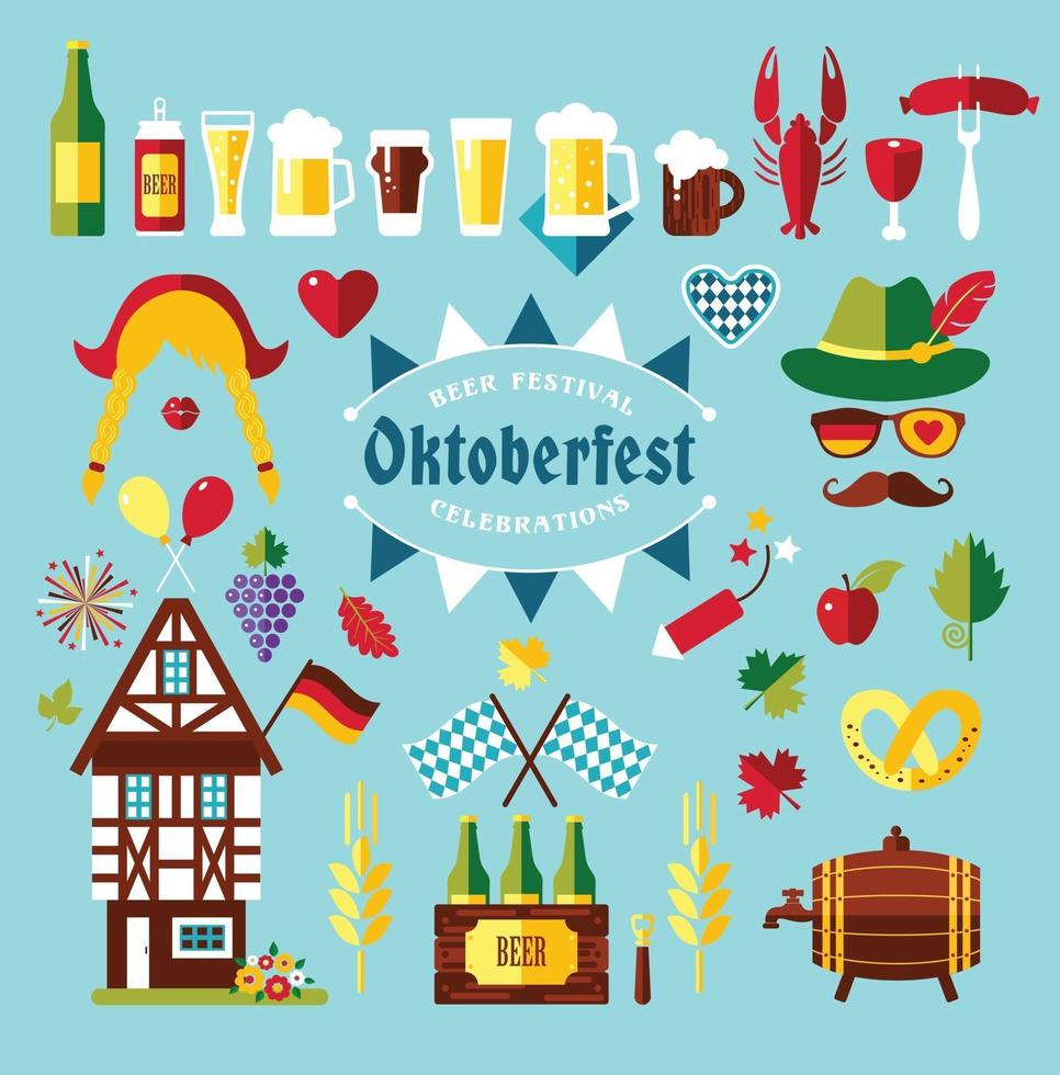 flache Design-Vektor-Icons mit Oktoberfest-Feier-Symbolen. oktoberfestfeierdesign mit bayerischem hut und herbstblättern und deutschlandsymbolen vektor