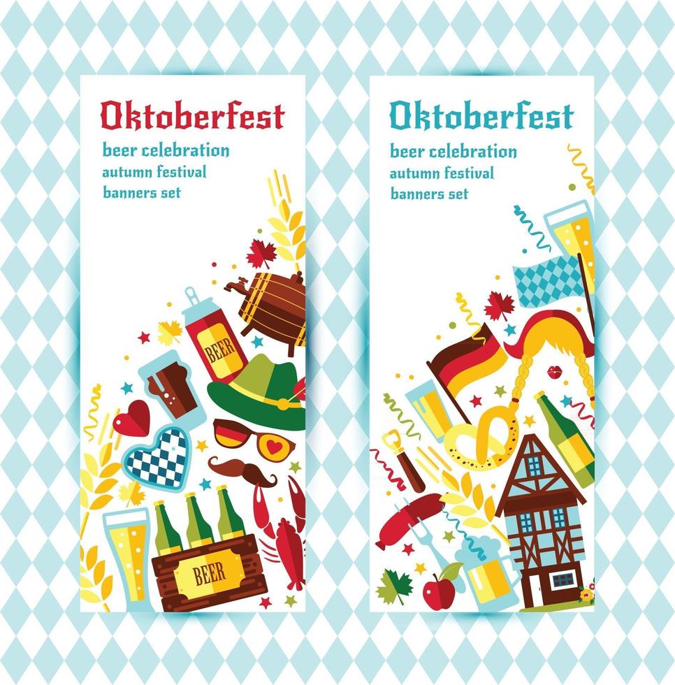 platt design vektor banners med oktoberfest firande symboler. oktoberfest firande design med bayersk hatt och höst och Tyskland symboler.