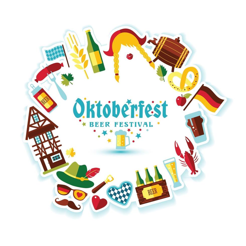 flache designvektorillustration mit oktoberfestfeiersymbolen. oktoberfest feier design mit bayerischem hut und herbstlaub vektor