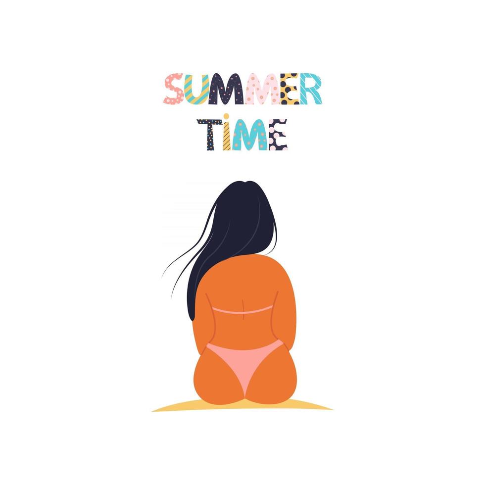 Mädchenansicht von hinten in einem Badeanzug sitzend, Sommerzeit, Schriftzug, Vektorgrafik im flachen Stil, Cartoon vektor