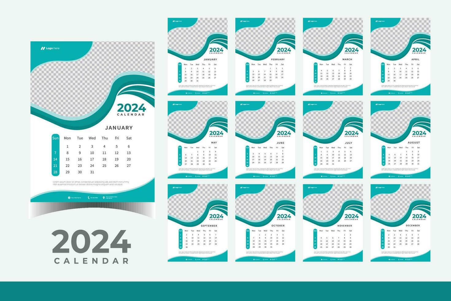 2024 Kalender Mauer Design Vorlage, modern und Geschäft Stil Neu Jahr 2024 Kalender Design vektor