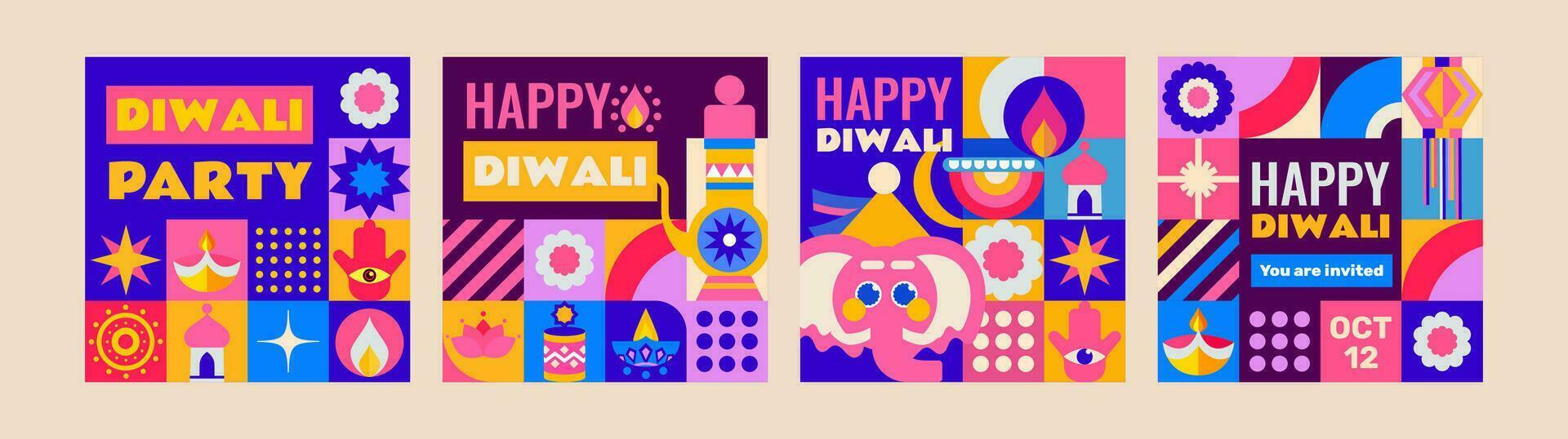 4 mallar för de diwali Semester i mosaik- stil. ljus, modern uppsättning med festlig element. de design kommer perfekt komplement din projekt. vektor