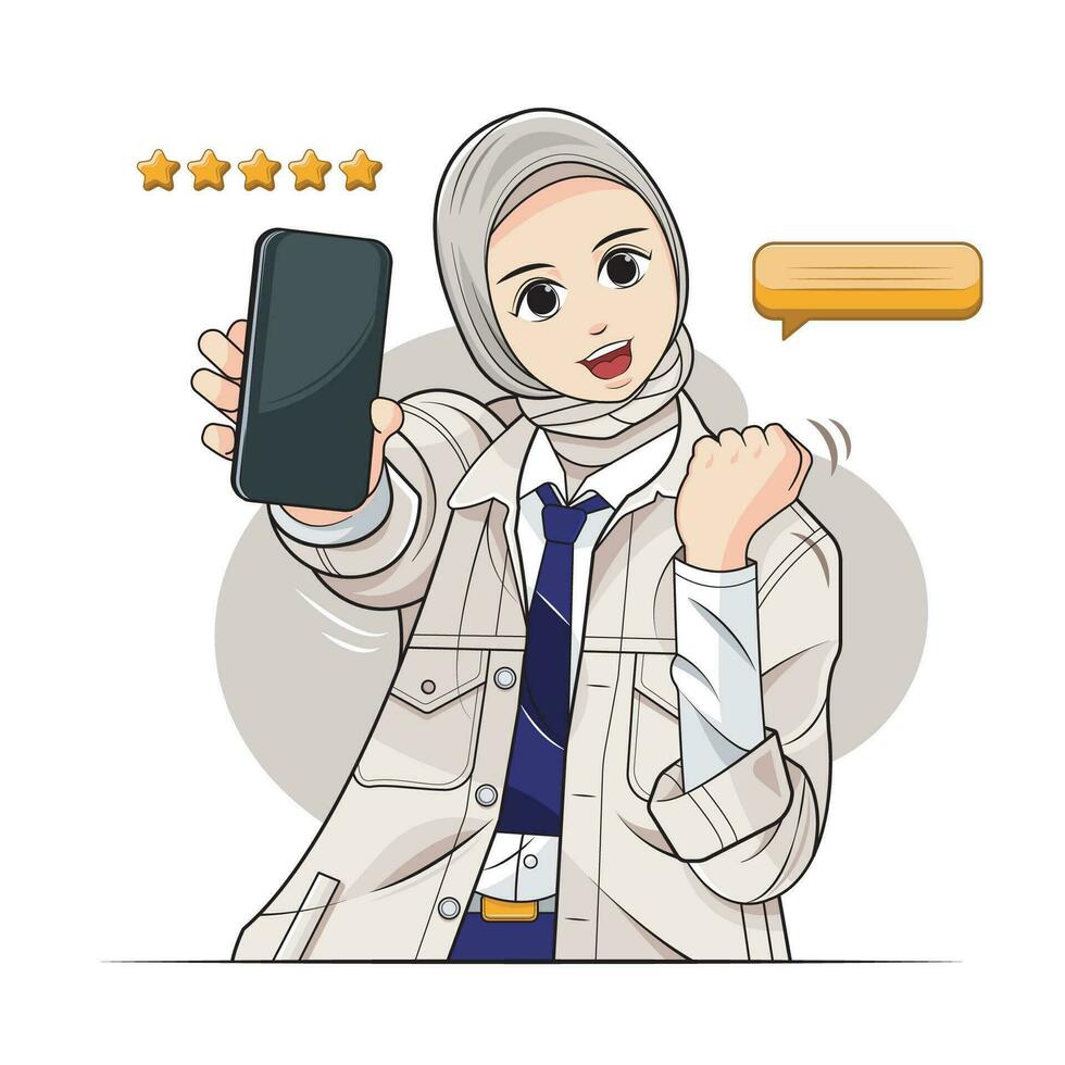 hijab liten unge, skola flicka. en ung flicka en hijab är Lycklig till skaffa sig en recension resultat och visa ett tömma smart telefon. vektor illustration proffs ladda ner