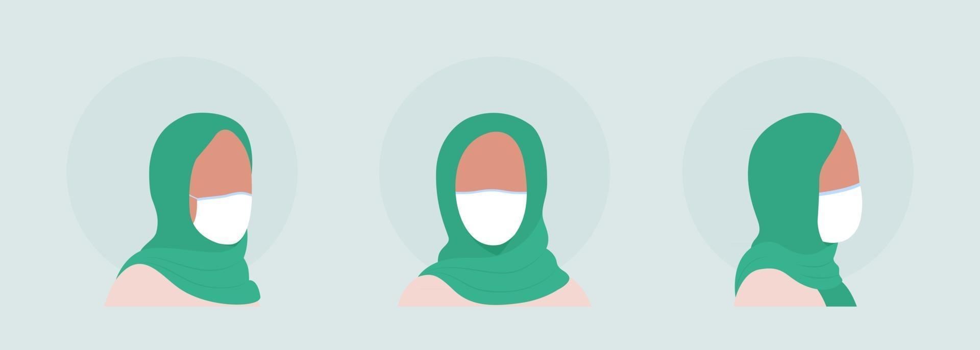 Arabische Frauen halbflacher Farbvektor-Charakteravatar mit Maskensatz mask vektor
