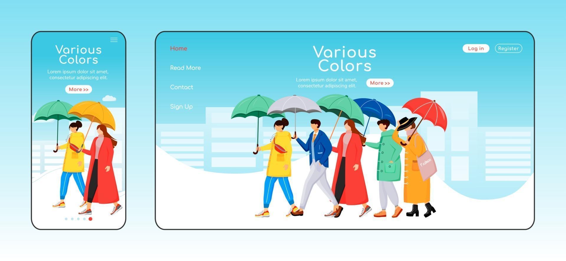 verschiedene Farbregenschirme Landing Page flache Farbvektorvorlage. mobile Anzeige. Menschen in Regenmänteln Homepage-Layout. Regenwetter eine Seite Website-Schnittstelle, Zeichentrickfigur. Walking Crowd Webseite vektor