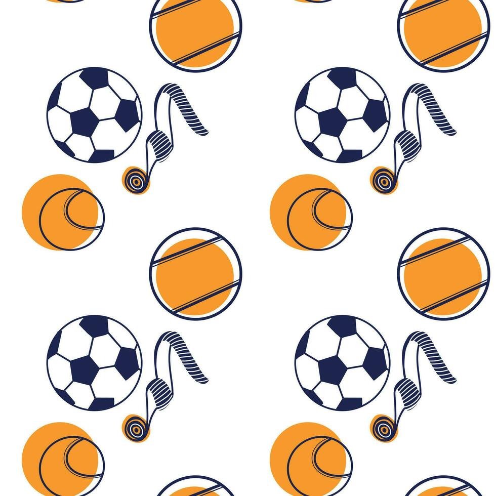 nahtlos Vektor Muster. Sport Bälle Fußball Bälle, Tennis Bälle, Sport Bänder gezeichnet auf das Tablette im dunkel Blau und orange. geeignet zum Drucken auf Stoff und Papier, zum Design.