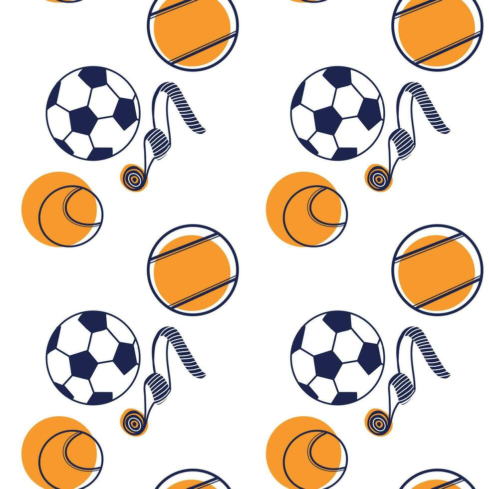 sömlös vektor mönster. sporter bollar fotboll bollar, tennis bollar, sporter band dragen på de läsplatta i mörk blå och orange. lämplig för utskrift på tyg och papper, för design.