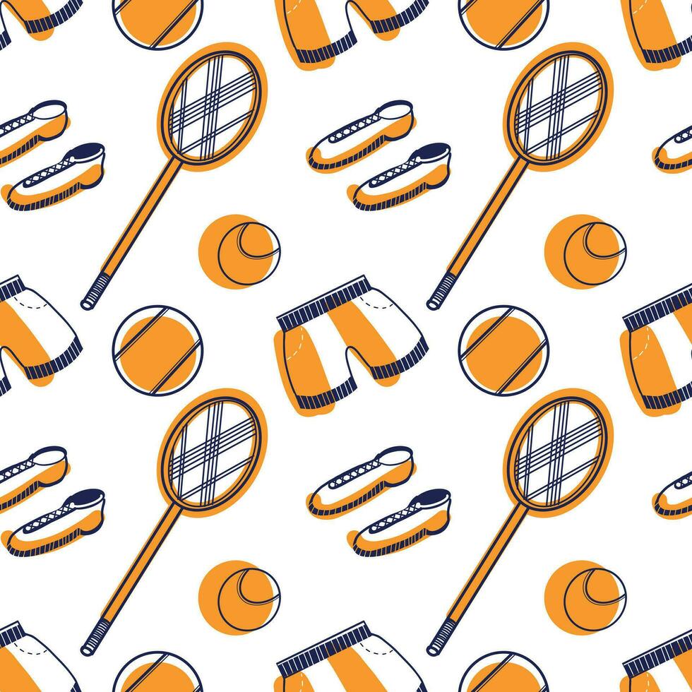 nahtlos Vektor Muster. Tennis Schläger, Turnschuhe, Bälle, kurze Hose gezeichnet auf das Tablette im dunkel Blau und orange. geeignet zum Drucken auf Stoff und Papier, zum Design.