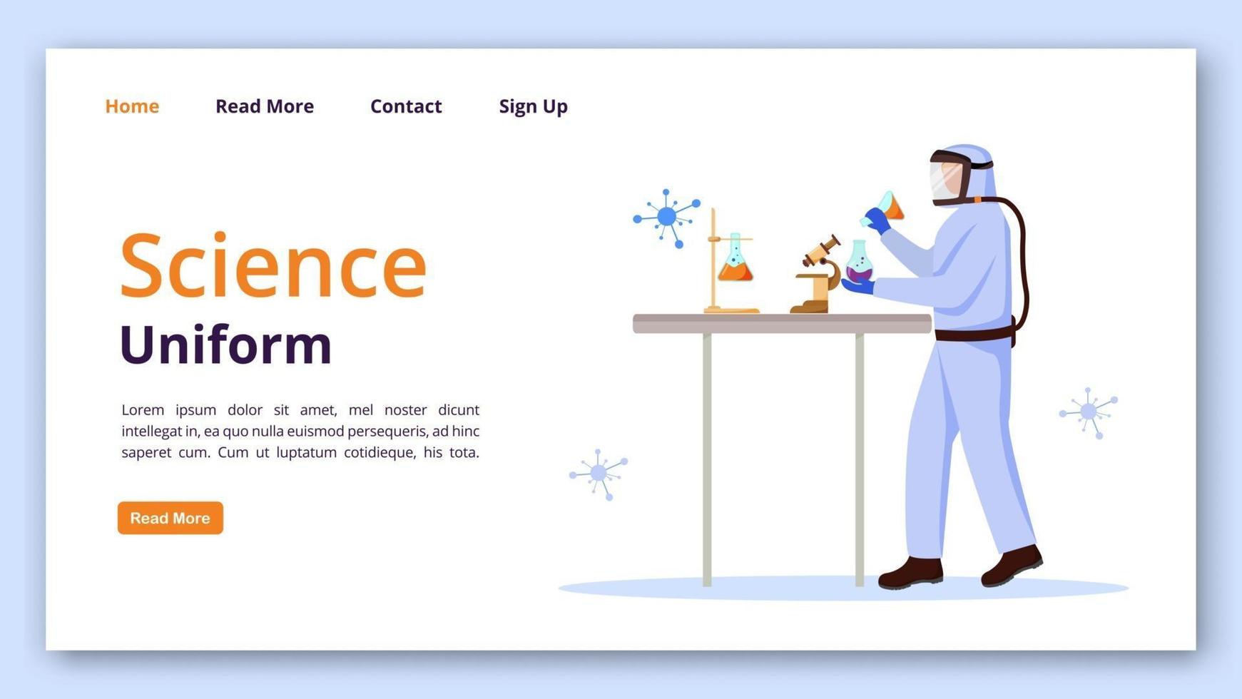 vetenskap enhetlig målsida vektor mall. skyddsdräkt för laboratoriets webbplatsgränssnittsidé med platta illustrationer. kemist utrustning hemsida layout, webb banner, webbsida tecknad koncept