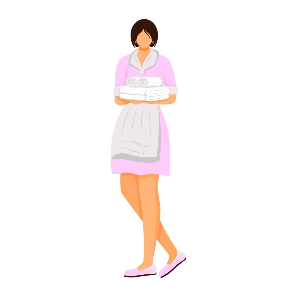 Hotelhaushälterin flache Farbvektorillustration. Dienstmädchen in Uniform mit gefalteten Handtüchern. Zimmermädchen, Zimmermädchen. Reinigungspersonal isolierte Zeichentrickfigur auf weißem Hintergrund vektor